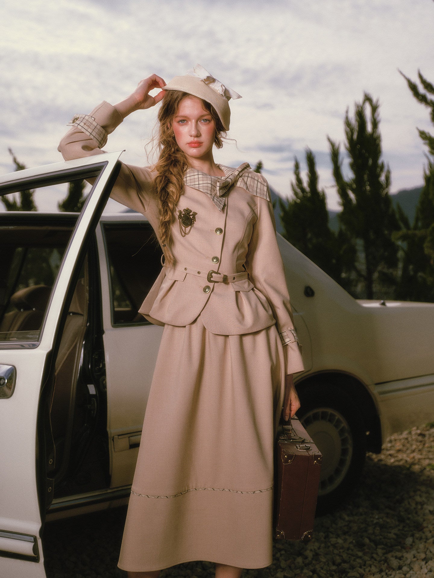Vintage Belted Trench Skirt Set
