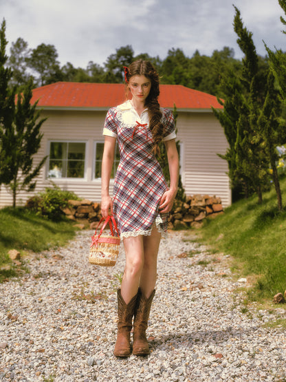 Contrast Plaid Collared Dress
