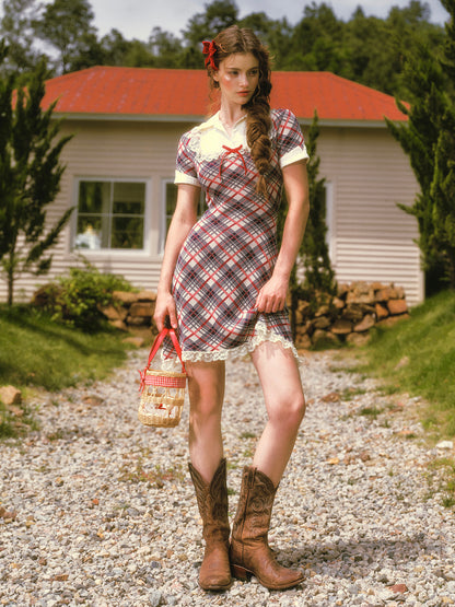 Contrast Plaid Collared Dress