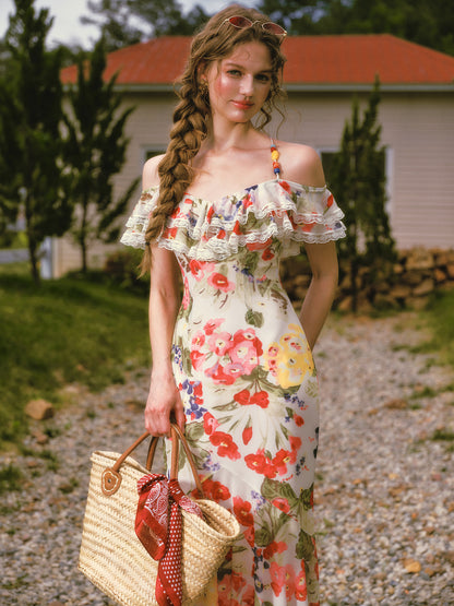 Floral Ruffle Mesh Maxi Dress