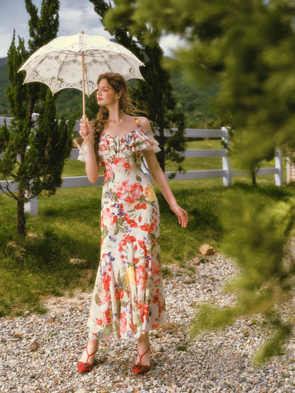 Floral Ruffle Mesh Maxi Dress