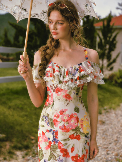 Floral Ruffle Mesh Maxi Dress