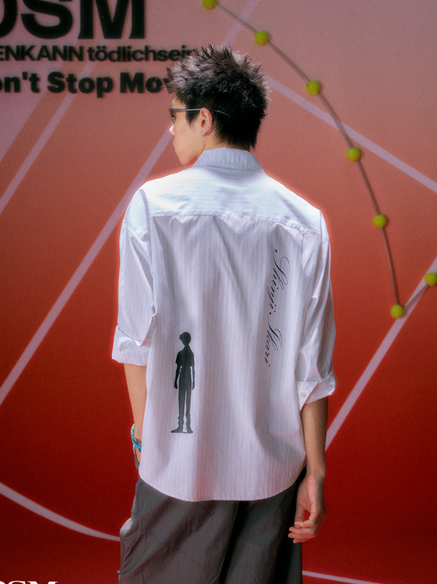 Fine-Stripe Embroidered Graphic Shirt