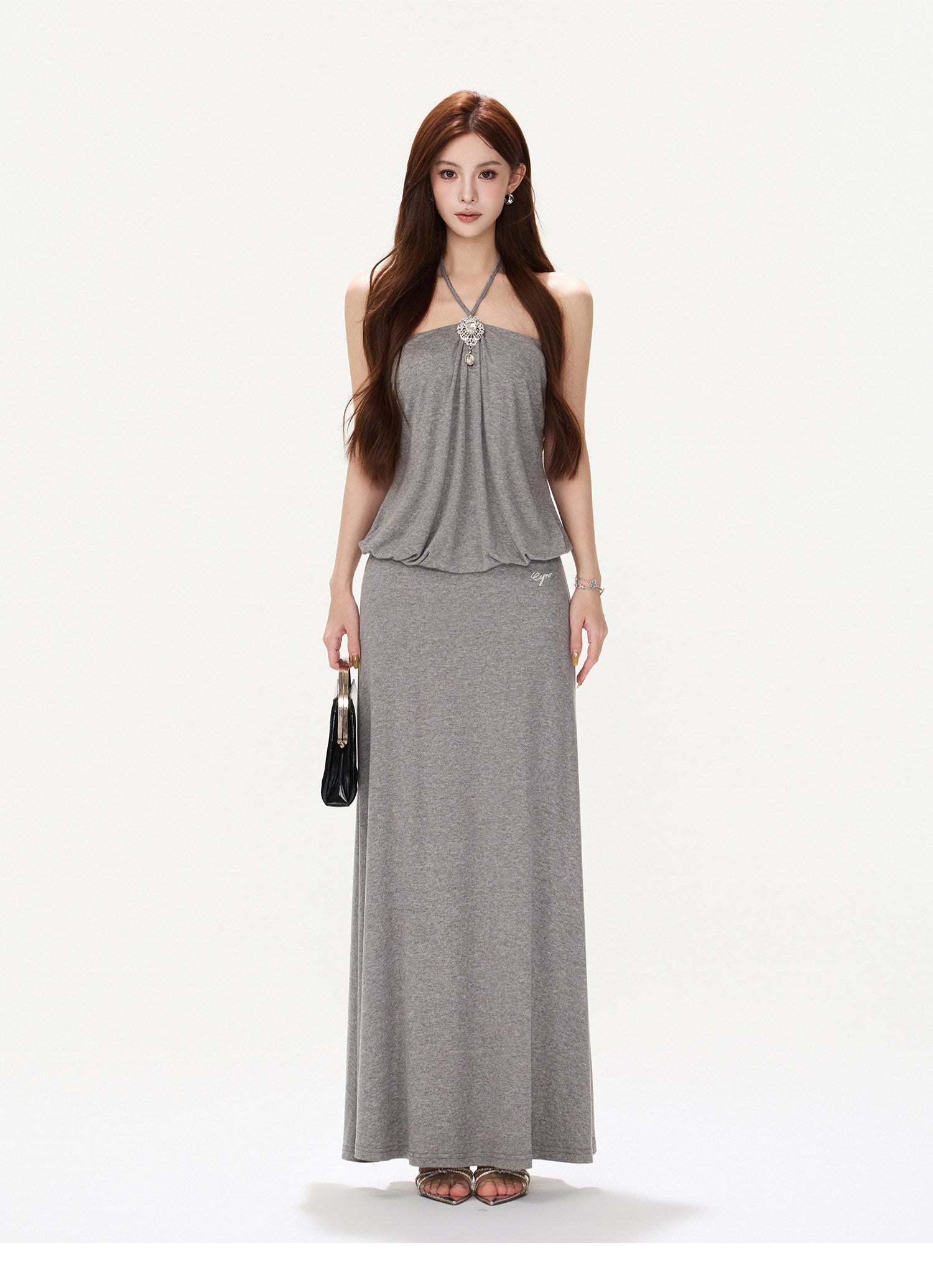 Rhinestone Halter A-Line Maxi Dress