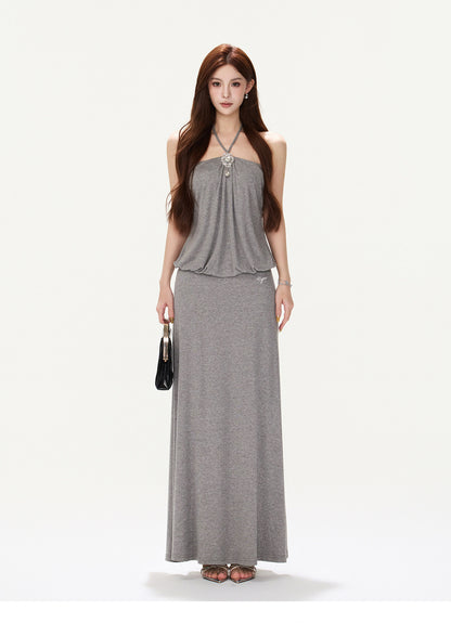 Rhinestone Halter A-Line Maxi Dress