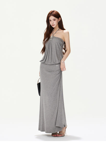 Rhinestone Halter A-Line Maxi Dress