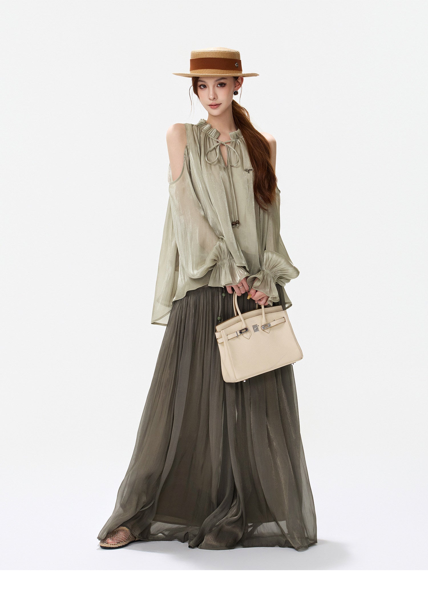 Pearlescent Crushed Chiffon Skirt-Pants