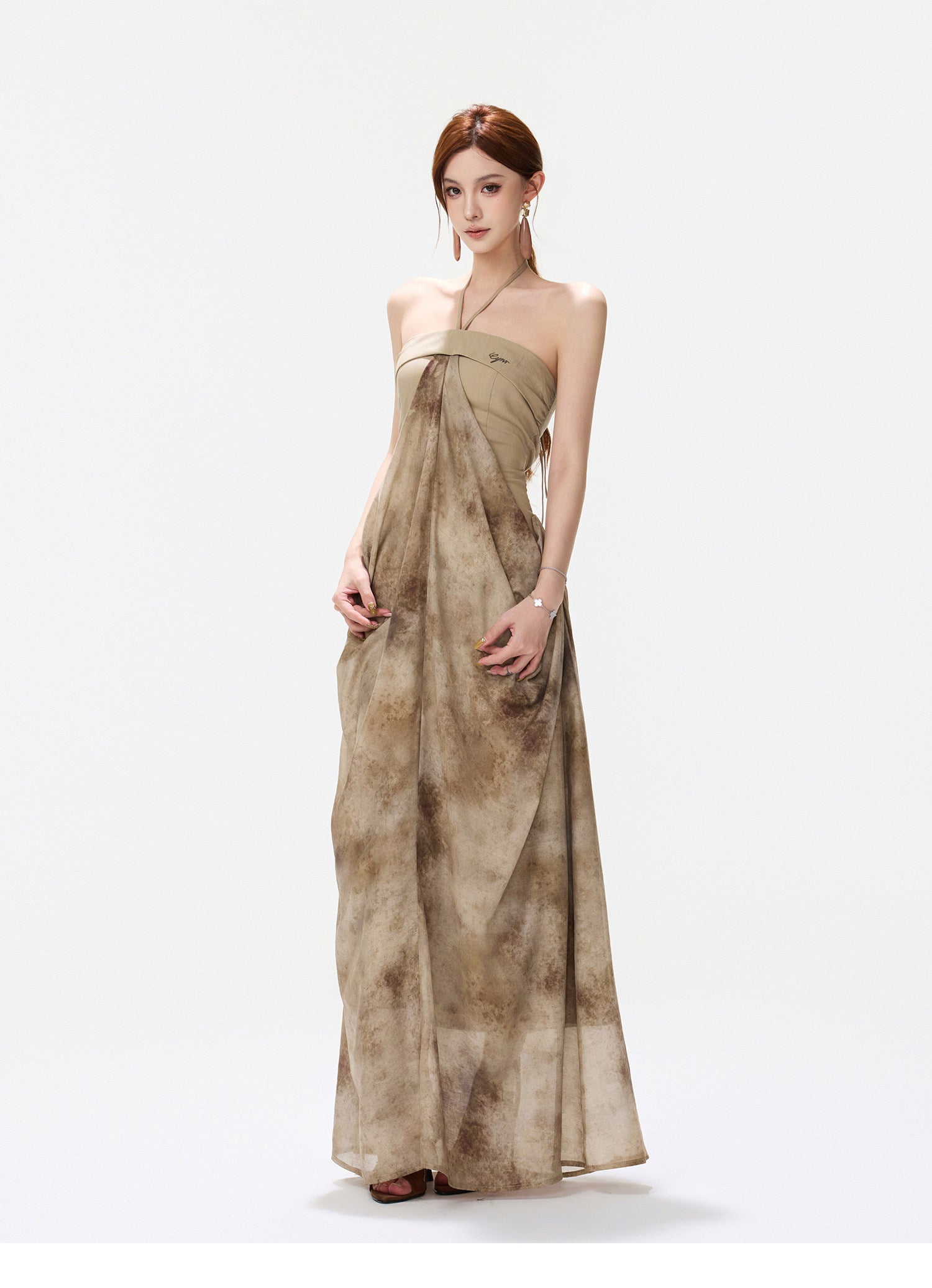 Ink-Wash Pleated Halter Dress