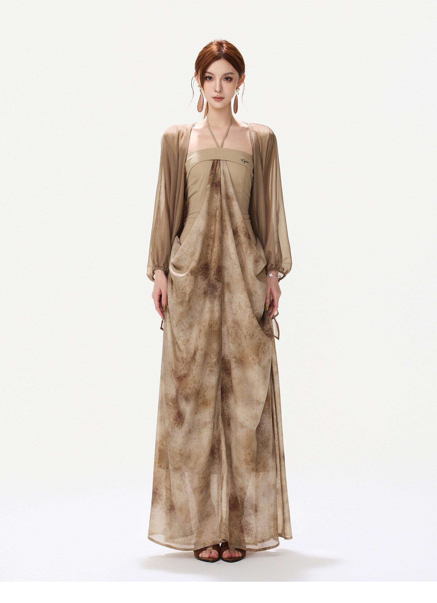 Ink-Wash Pleated Halter Dress