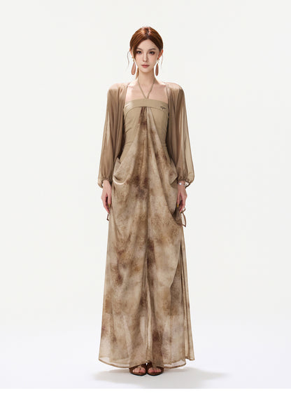 Ink-Wash Pleated Halter Dress