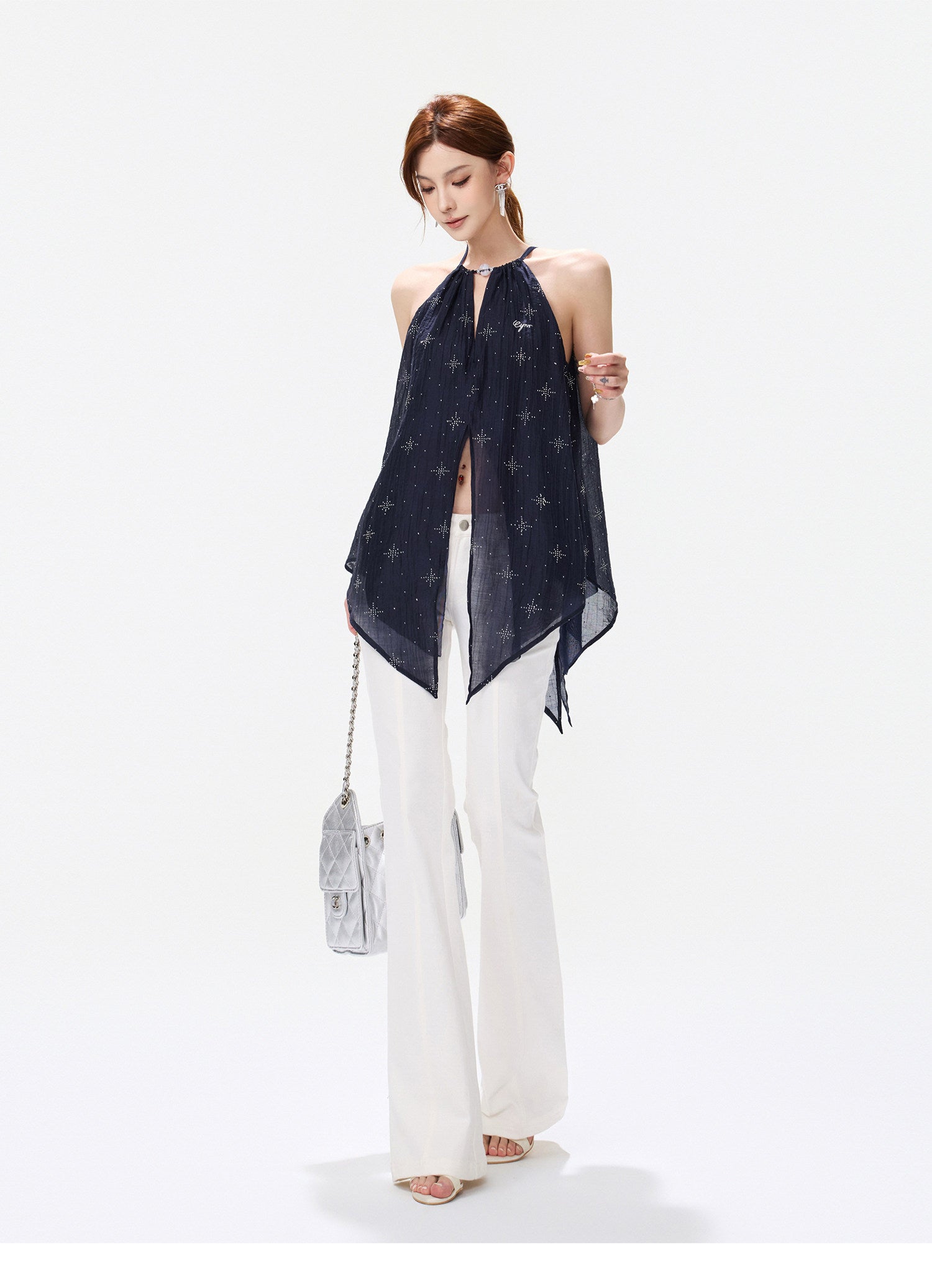 Rhinestone Asymmetric Halter Chiffon Top