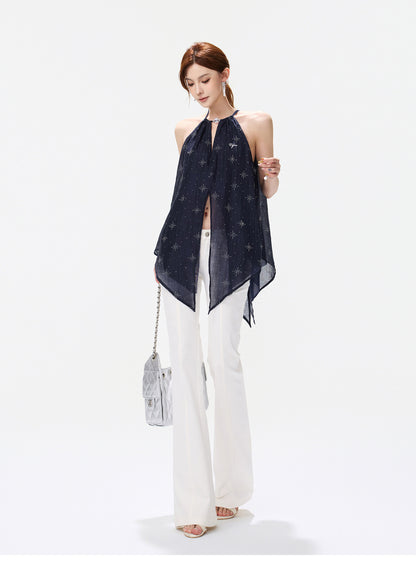 Rhinestone Asymmetric Halter Chiffon Top