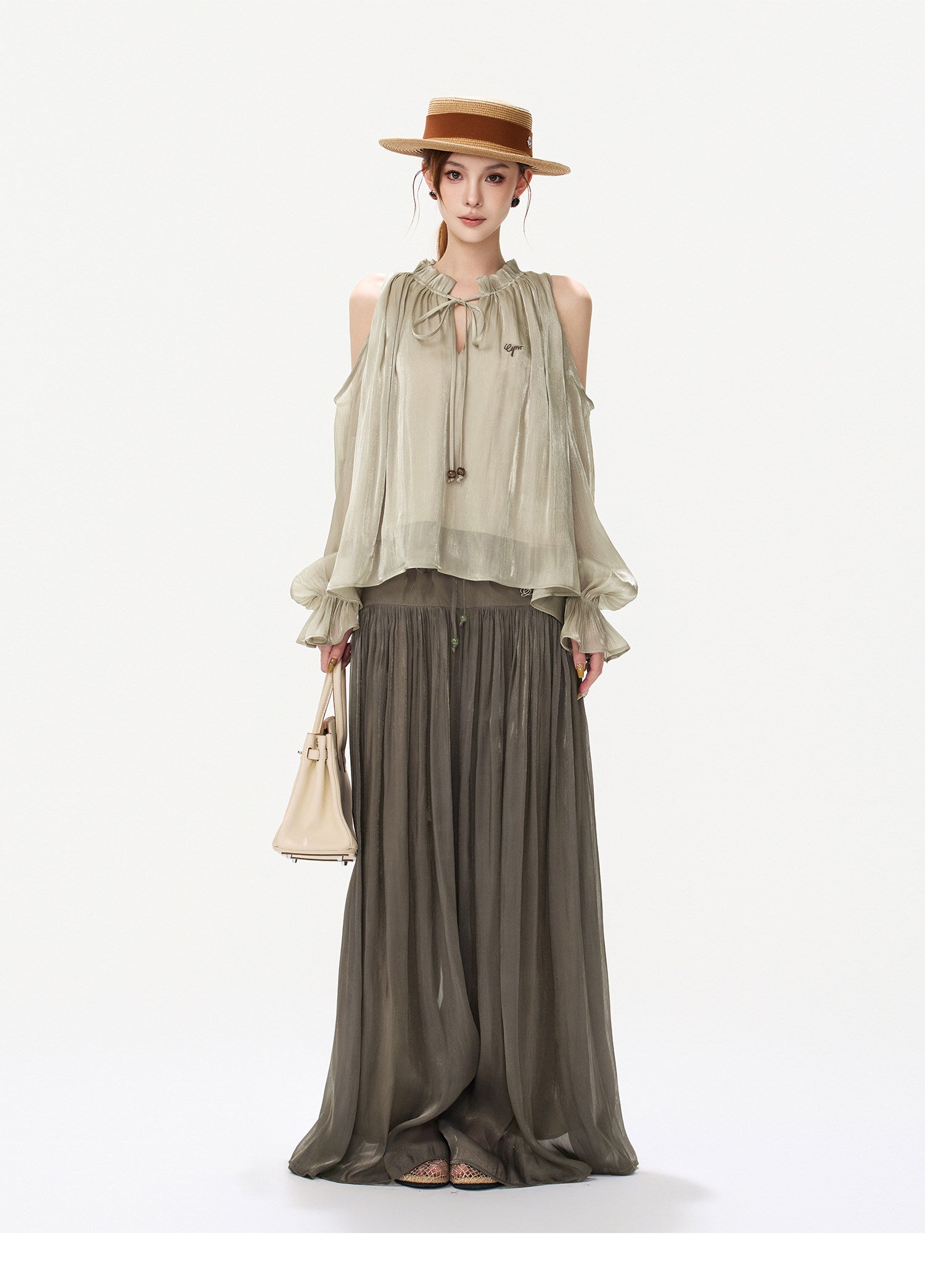 Shimmering Ruffle Cold-Shoulder Blouse