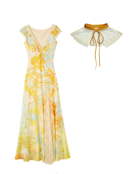 Gold Embroidered Lace Tea Dress