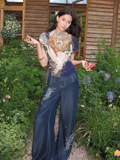 Pleated Stretch Printed T-Shirt