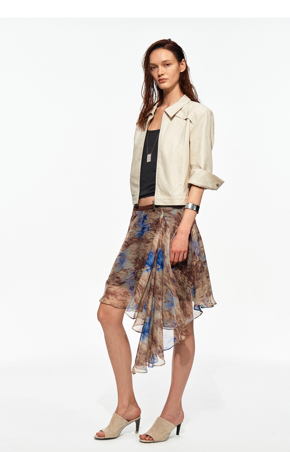 Printed Irregular Hem Chiffon Skirt