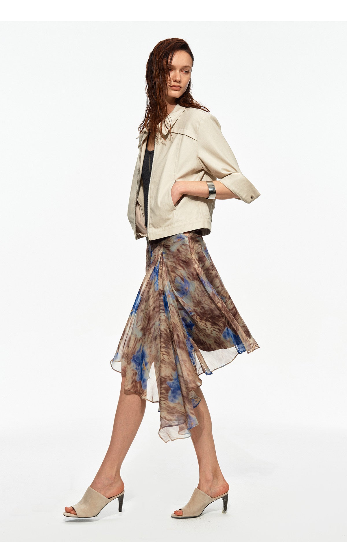 Printed Irregular Hem Chiffon Skirt