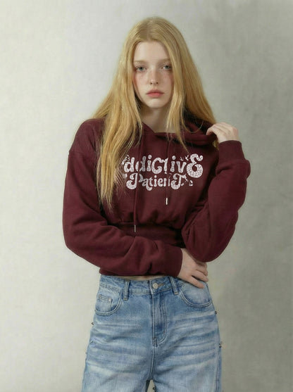 Graphic Cropped Cinched Hoodie