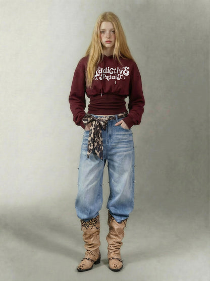 Graphic Cropped Cinched Hoodie