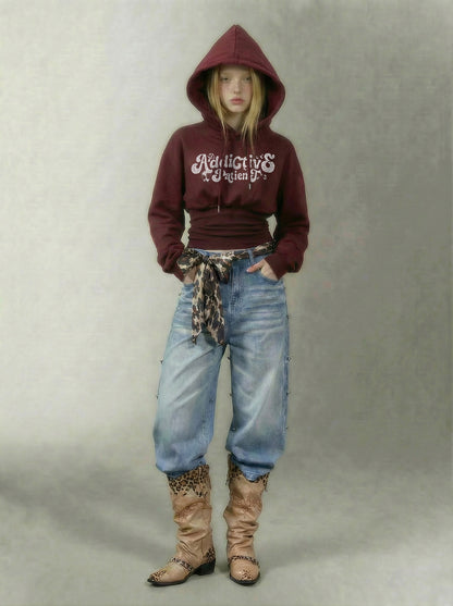 Graphic Cropped Cinched Hoodie