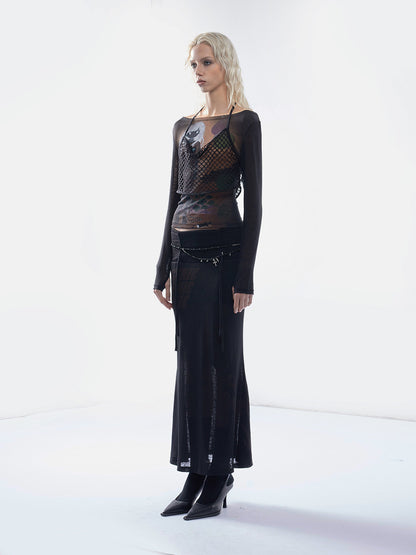 Printed Mesh Fitted Long-Sleeve Top