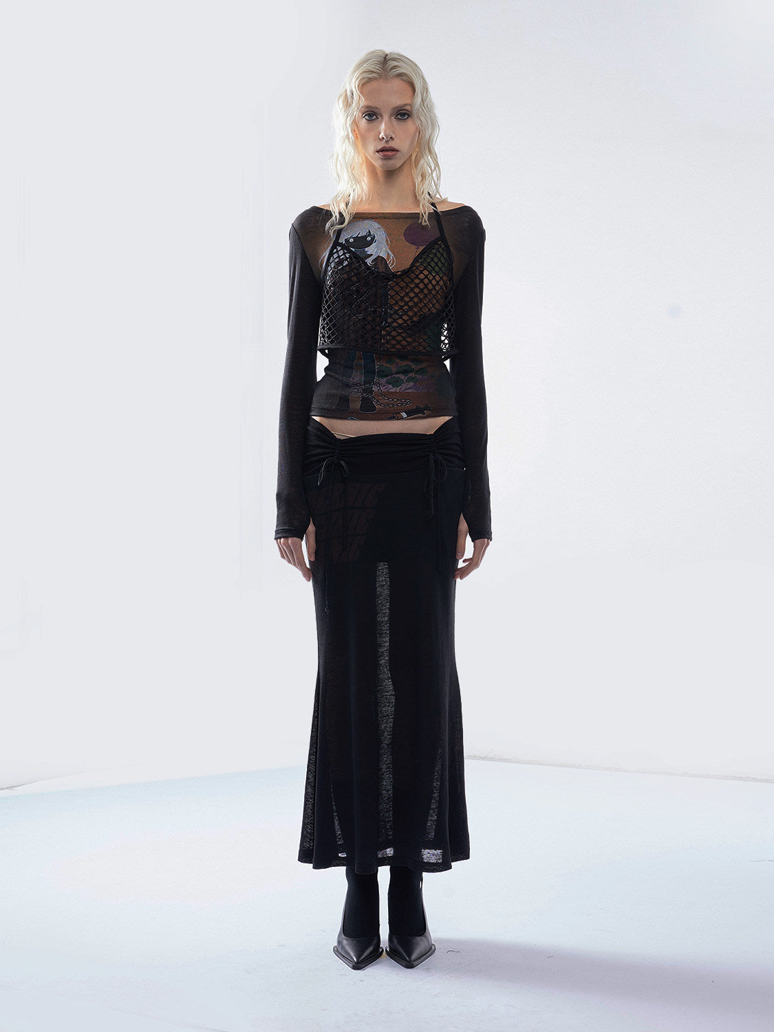 Printed Mesh Fitted Long-Sleeve Top