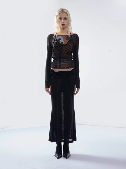 Printed Mesh Fitted Long-Sleeve Top