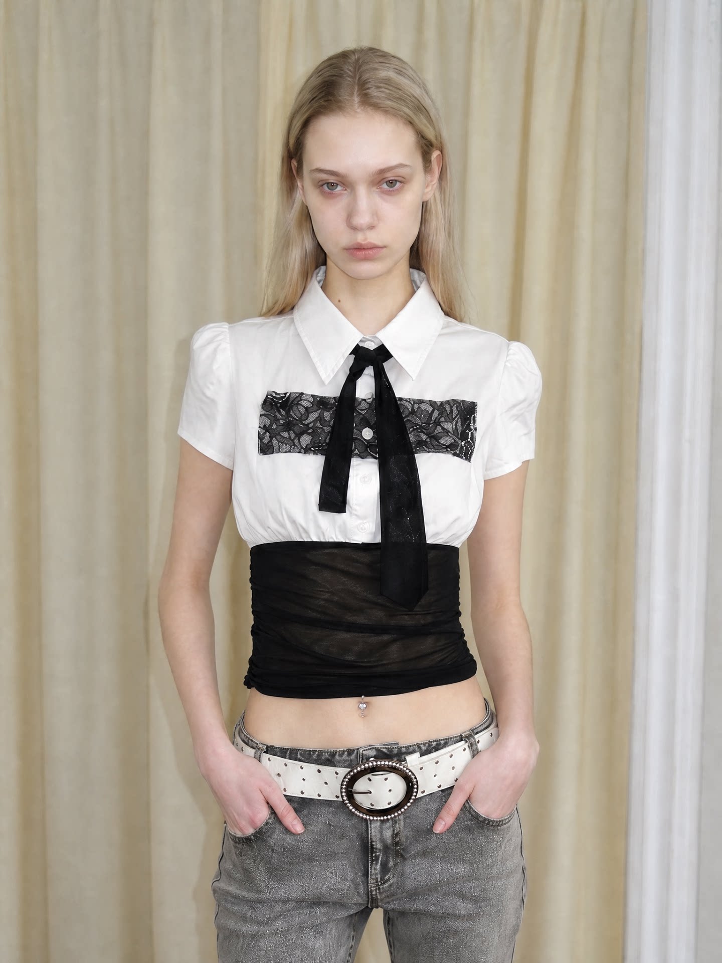 Lace Panel Cropped Shirt