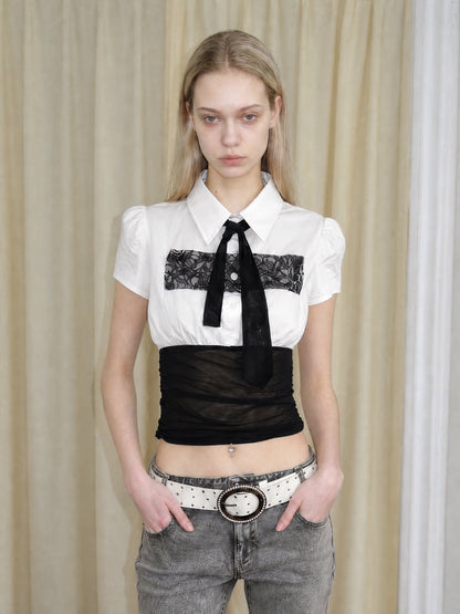 Lace Panel Cropped Shirt