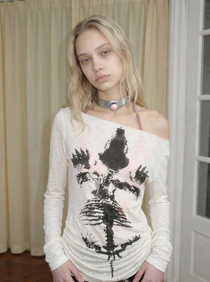Sheer Asymmetric Skeleton Print Top