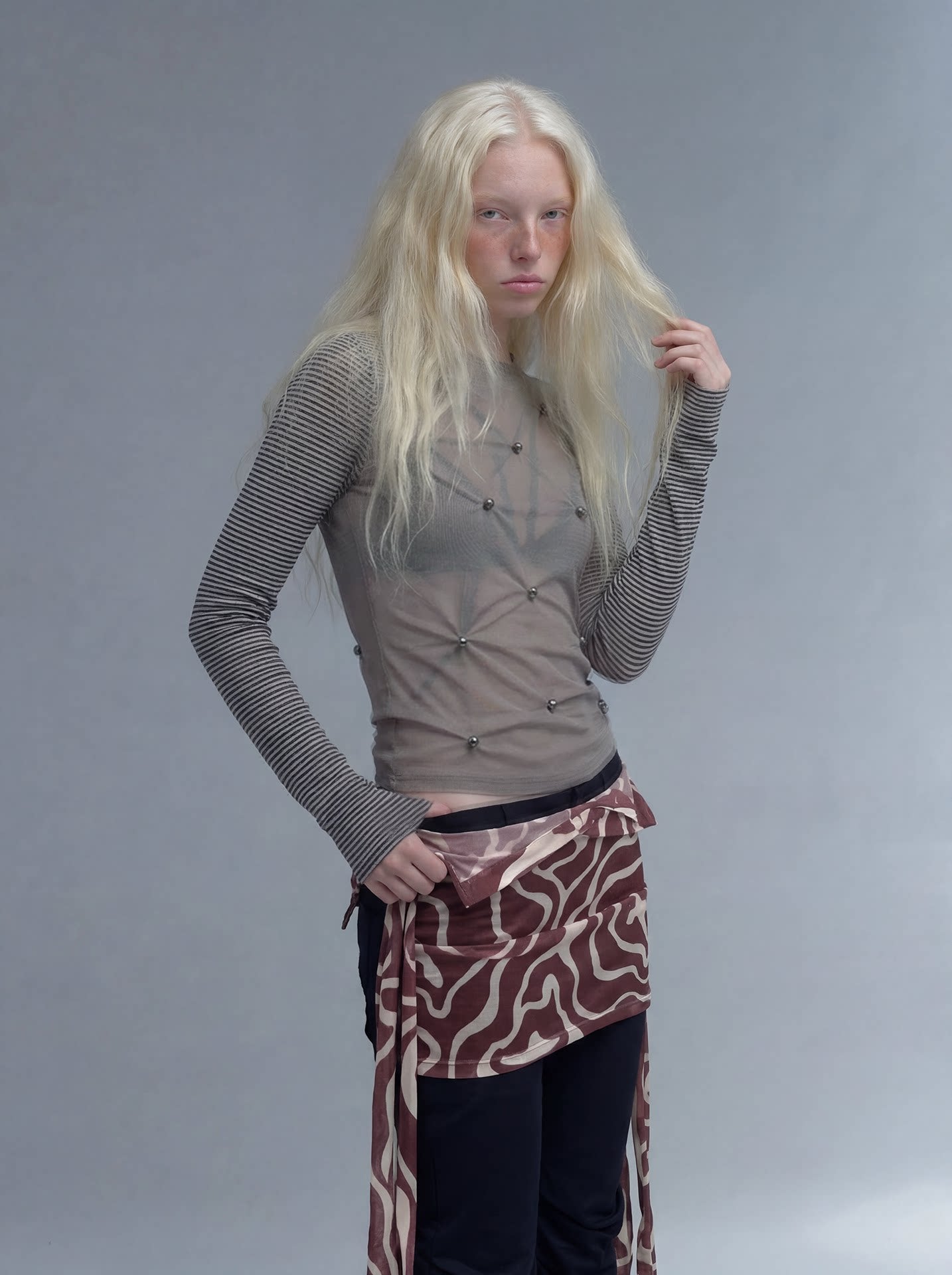 Sheer Studded Stripe Long-Sleeve Top