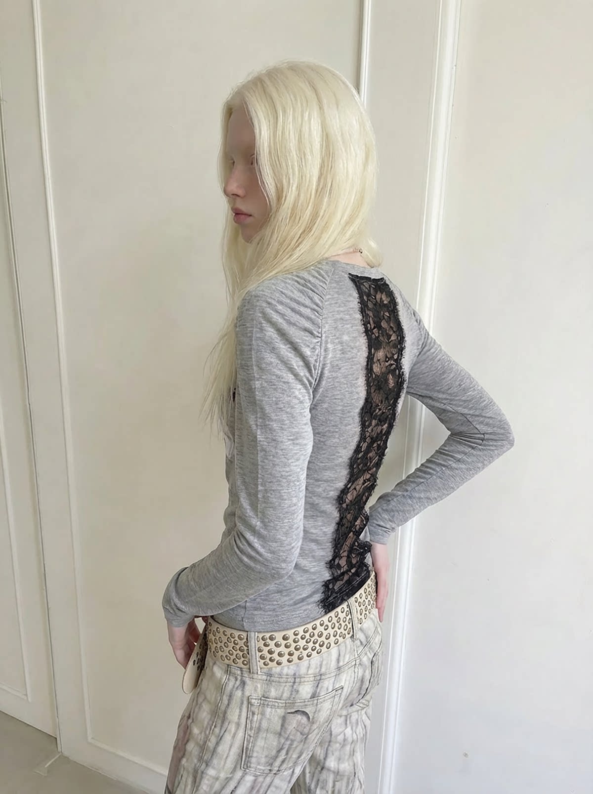 Lace Panel Fitted Long-Sleeve T-Shirt