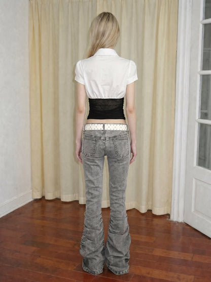 Washed Low-Rise Ruched Flare Jeans