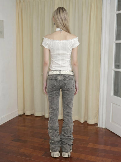 Washed Low-Rise Ruched Flare Jeans