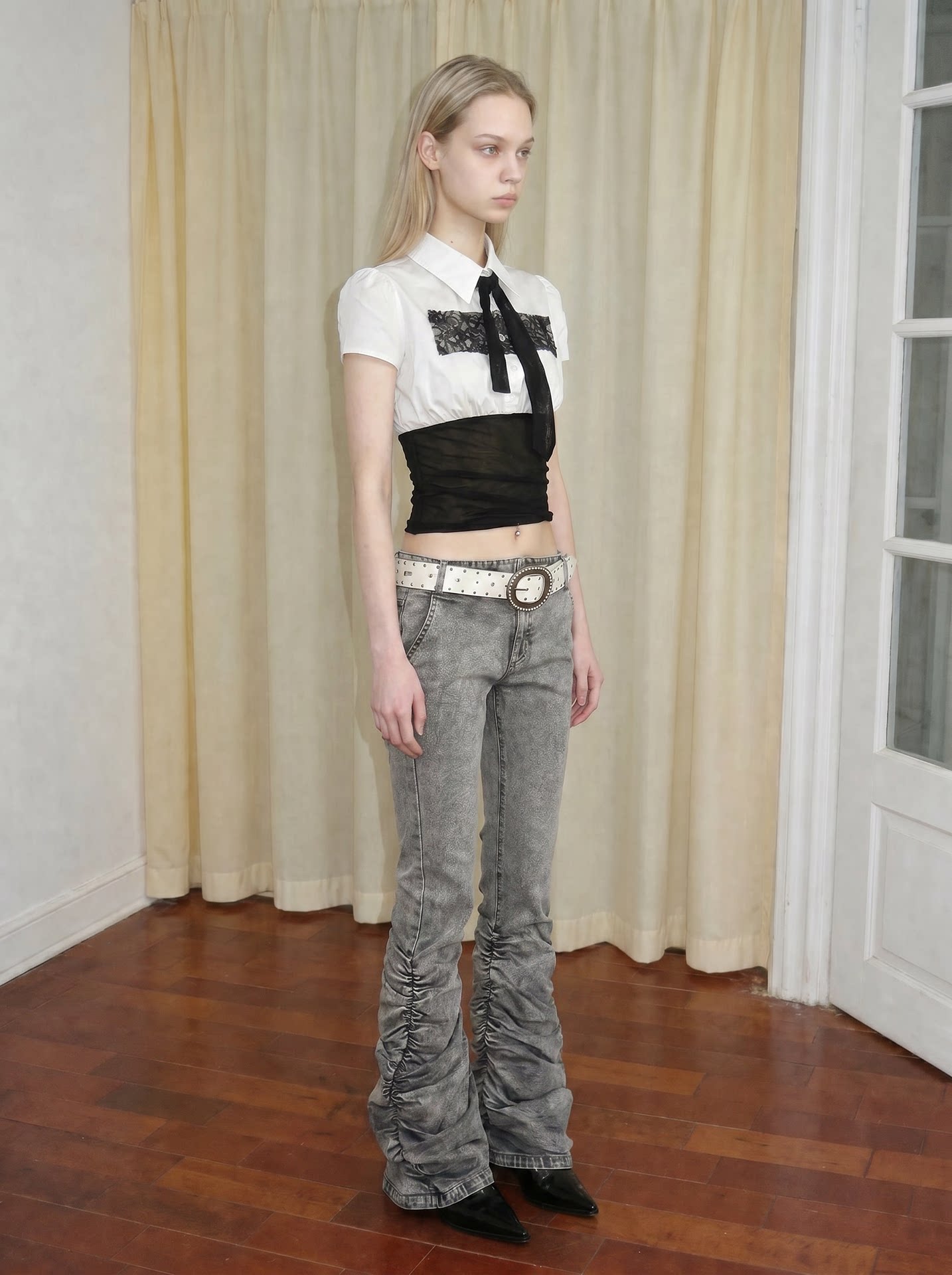 Washed Low-Rise Ruched Flare Jeans