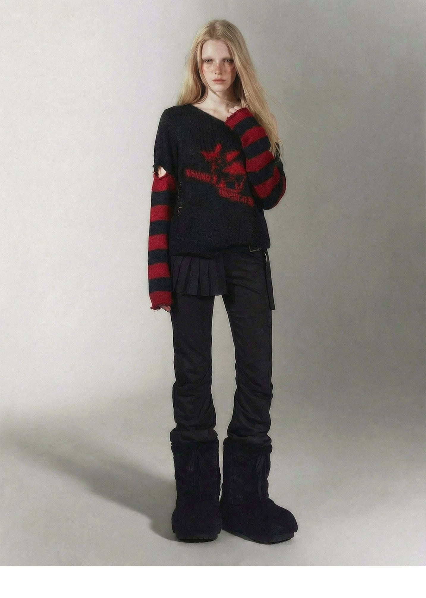 Distressed Graphic Off-Shoulder Knit