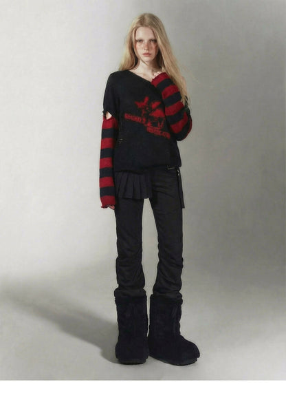 Distressed Graphic Off-Shoulder Knit