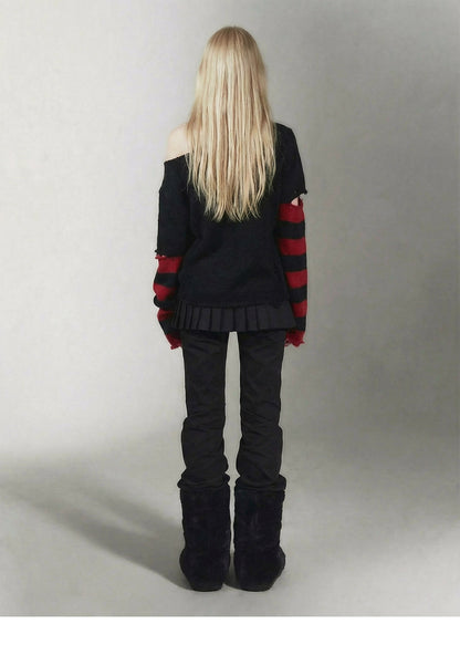 Distressed Graphic Off-Shoulder Knit