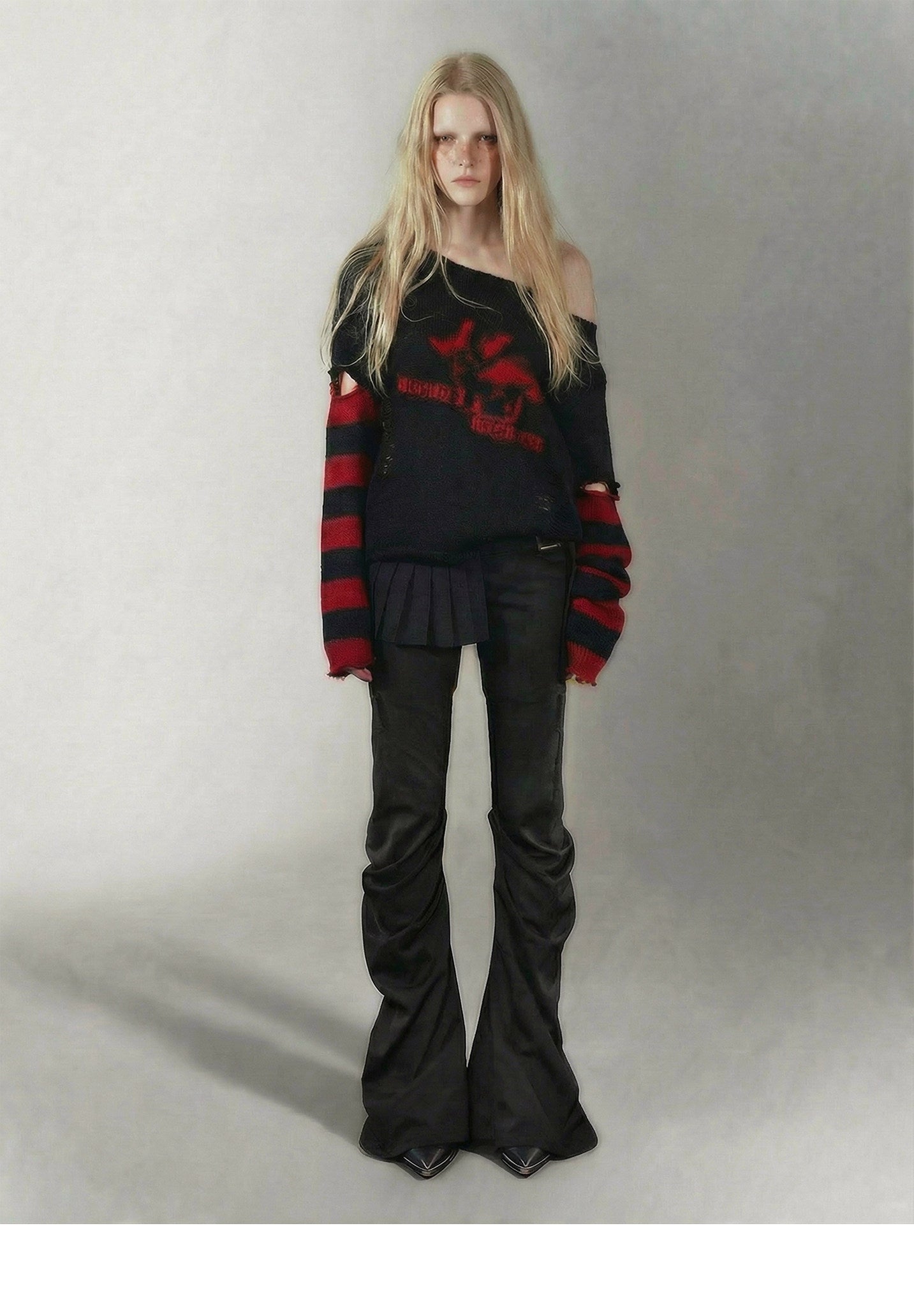 Distressed Graphic Off-Shoulder Knit
