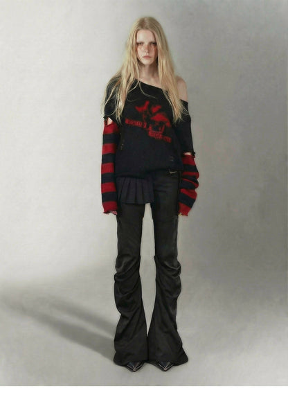 Distressed Graphic Off-Shoulder Knit