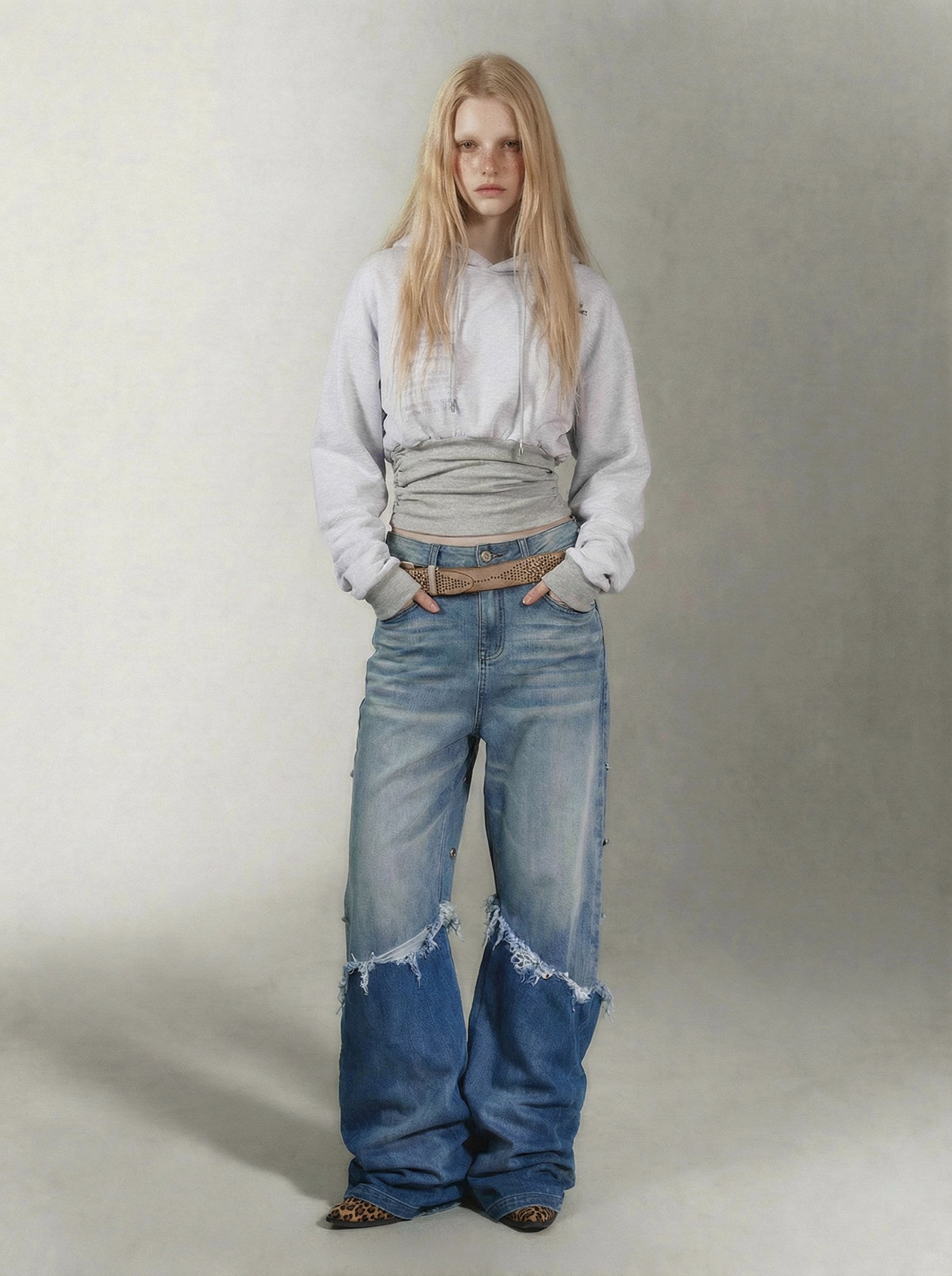 Printed Cinched Cropped Hoodie