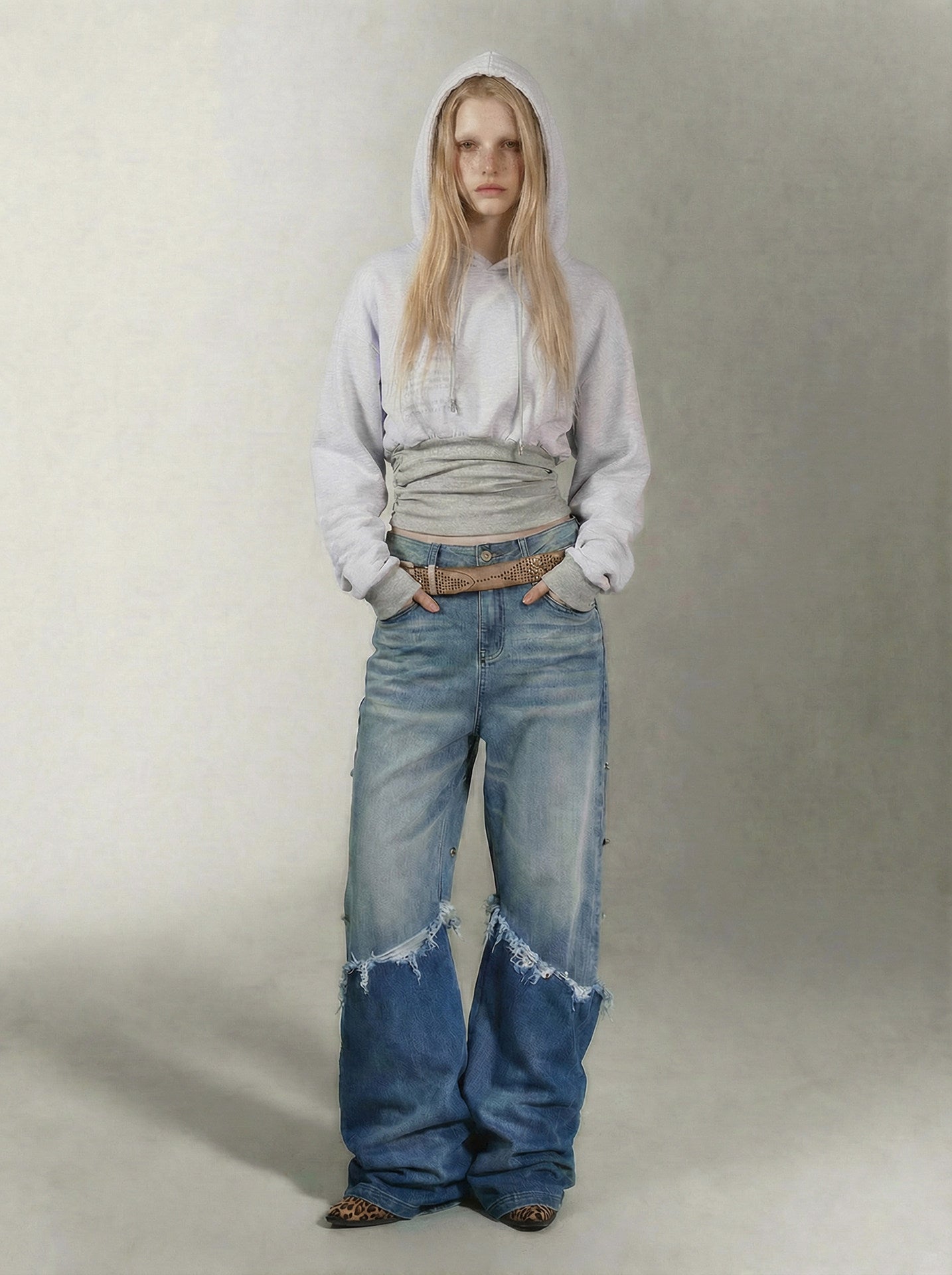 Printed Cinched Cropped Hoodie