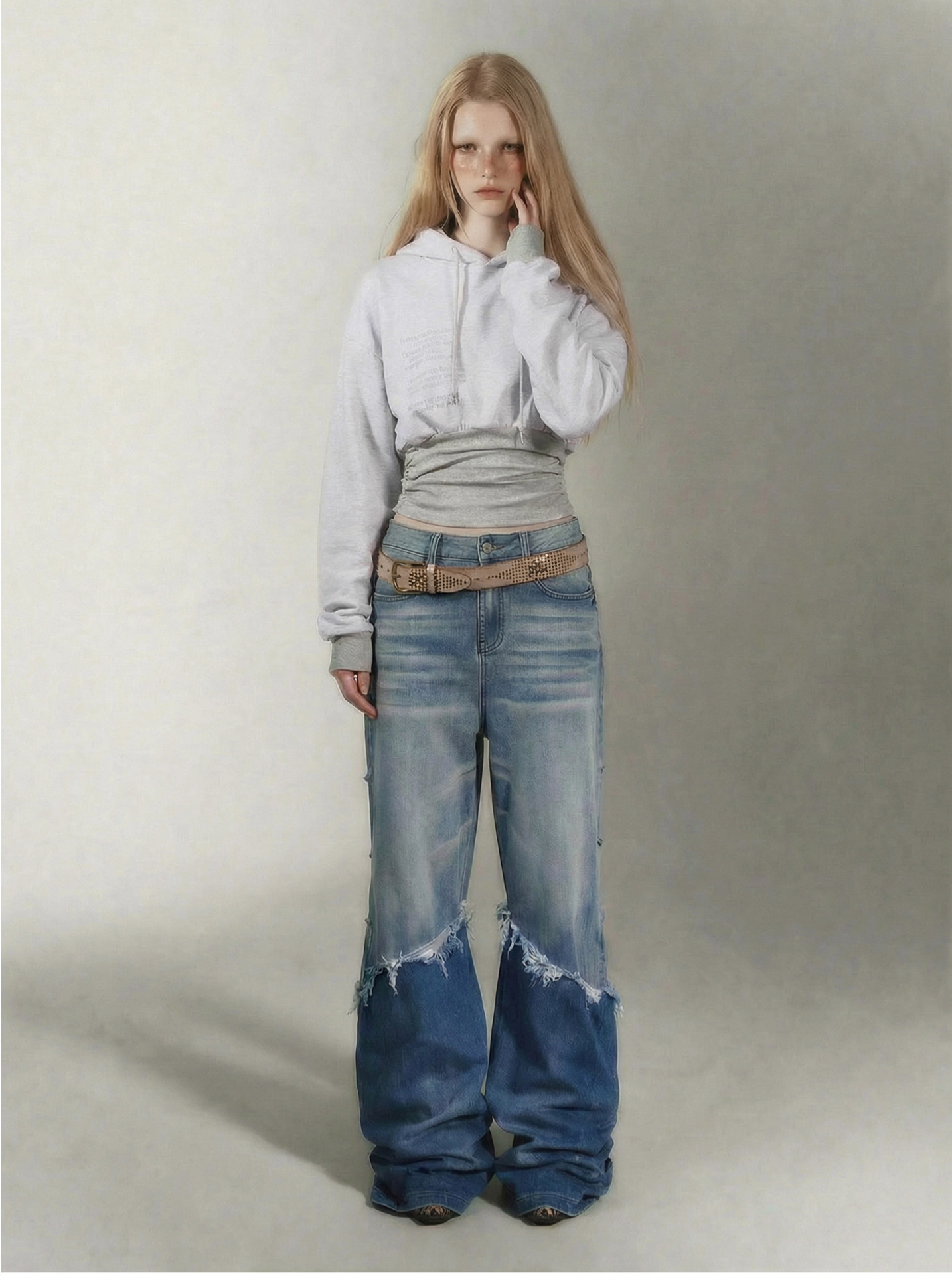 Printed Cinched Cropped Hoodie