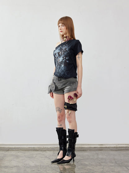 Washed Denim Asymmetrical Shorts