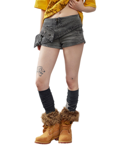 Washed Denim Asymmetrical Shorts