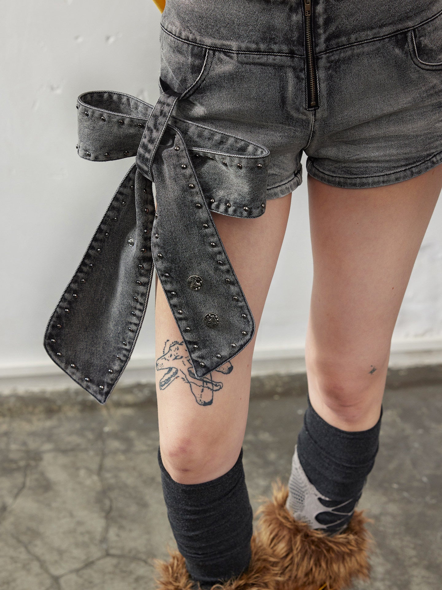 Washed Denim Asymmetrical Shorts