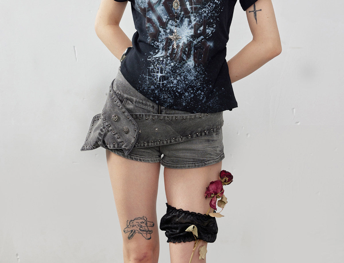 Washed Denim Asymmetrical Shorts
