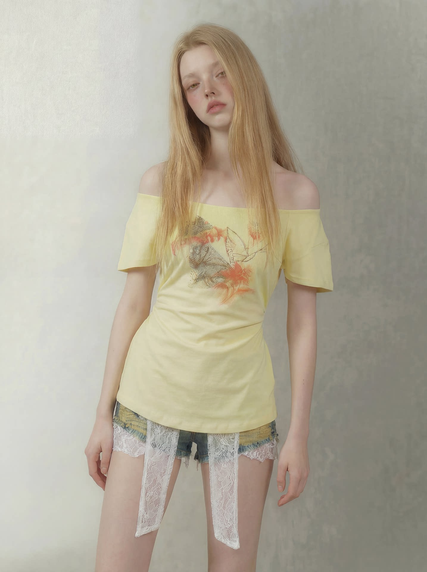 Hand-Drawn Floral Off-Shoulder Tee