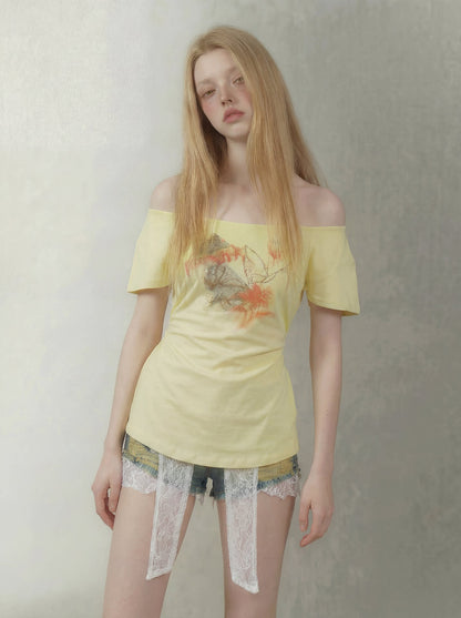 Hand-Drawn Floral Off-Shoulder Tee