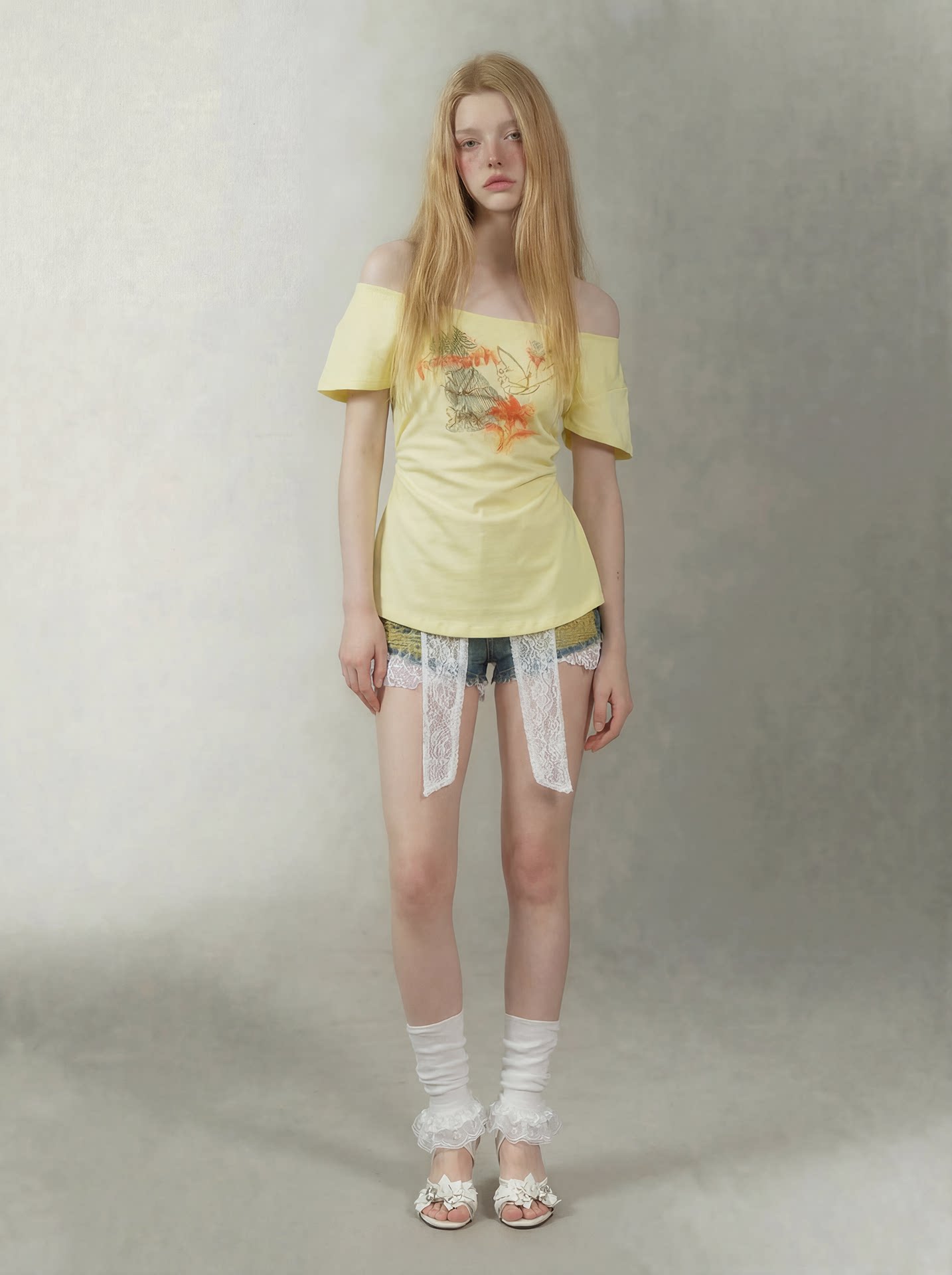 Hand-Drawn Floral Off-Shoulder Tee